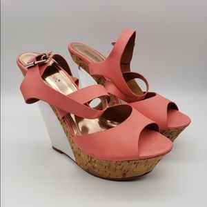Shoedazzle Coral Pink & Metallic Wedges Peep Toe